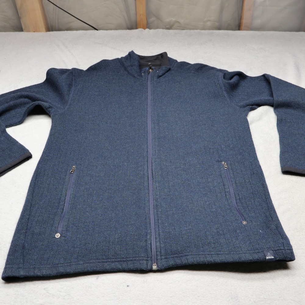 Prana Sweater Men Medium Blue Barclay Full Zip Wool Ribbed Winter Outdoor Hiking
